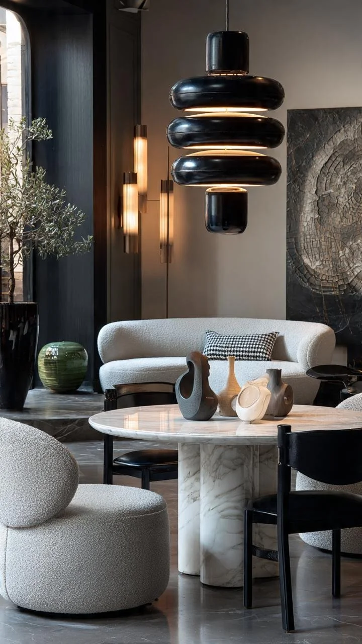 Sculptural Contemporary Brutalist Style: Monumental Dining Rooms with Travertine, Organic Silhouettes, and Scorched Wood Contrast