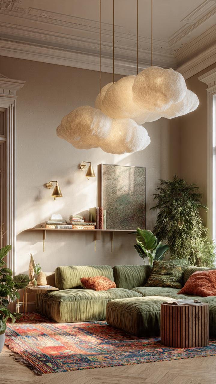 High-End Neo-Classical Bohemian Style: Sanctuary Living Rooms with Green Velvet Sofas, Cloud Pendants, and Vibrant Persian Rugs