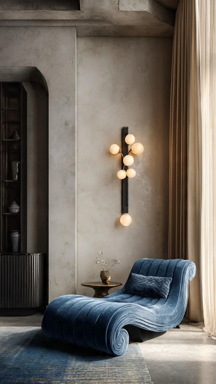 Sculptural Brutalist Minimalism: Lounge Reading Nooks with Blue Chaise Longues, Raw Plaster, and Molecular Wall Sconces