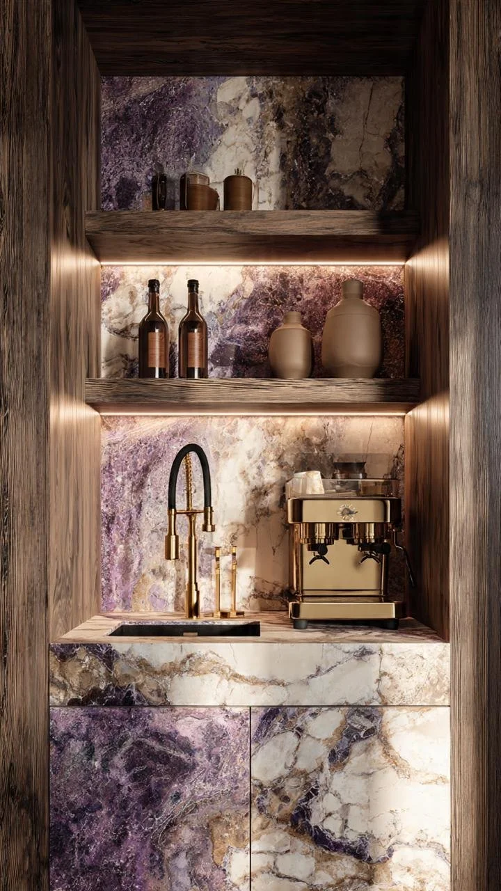Luxury Culinary Design: Calacatta Viola and Mid-Century Modern Sophistication
