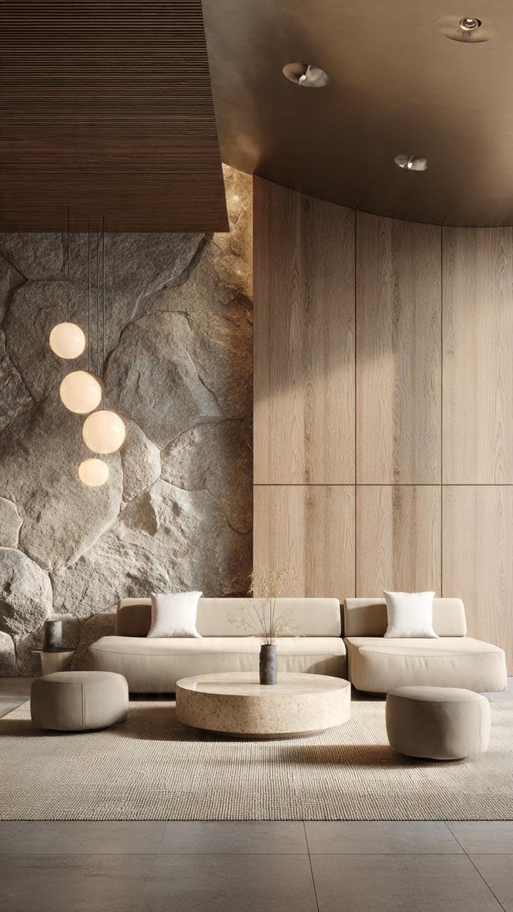 Organic Japandi Living Room with Travertine Stone and Soft Curves