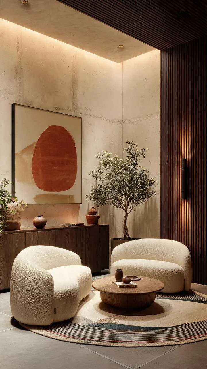 Japanese Wabi-Sabi Living Room with Organic Shapes and Warm Minimalist Design