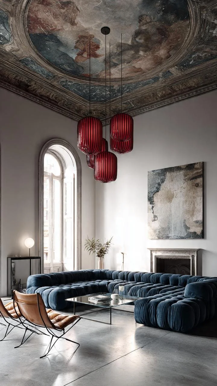 The Hidden Design Secrets Behind Grand Blue Velvet Living Rooms and Historic Ceiling Murals