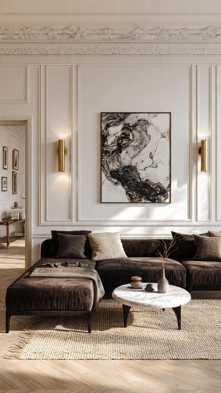 The Hidden Design Secrets Behind Modern Classic Living Rooms with Dark Sofas and Marble Accents