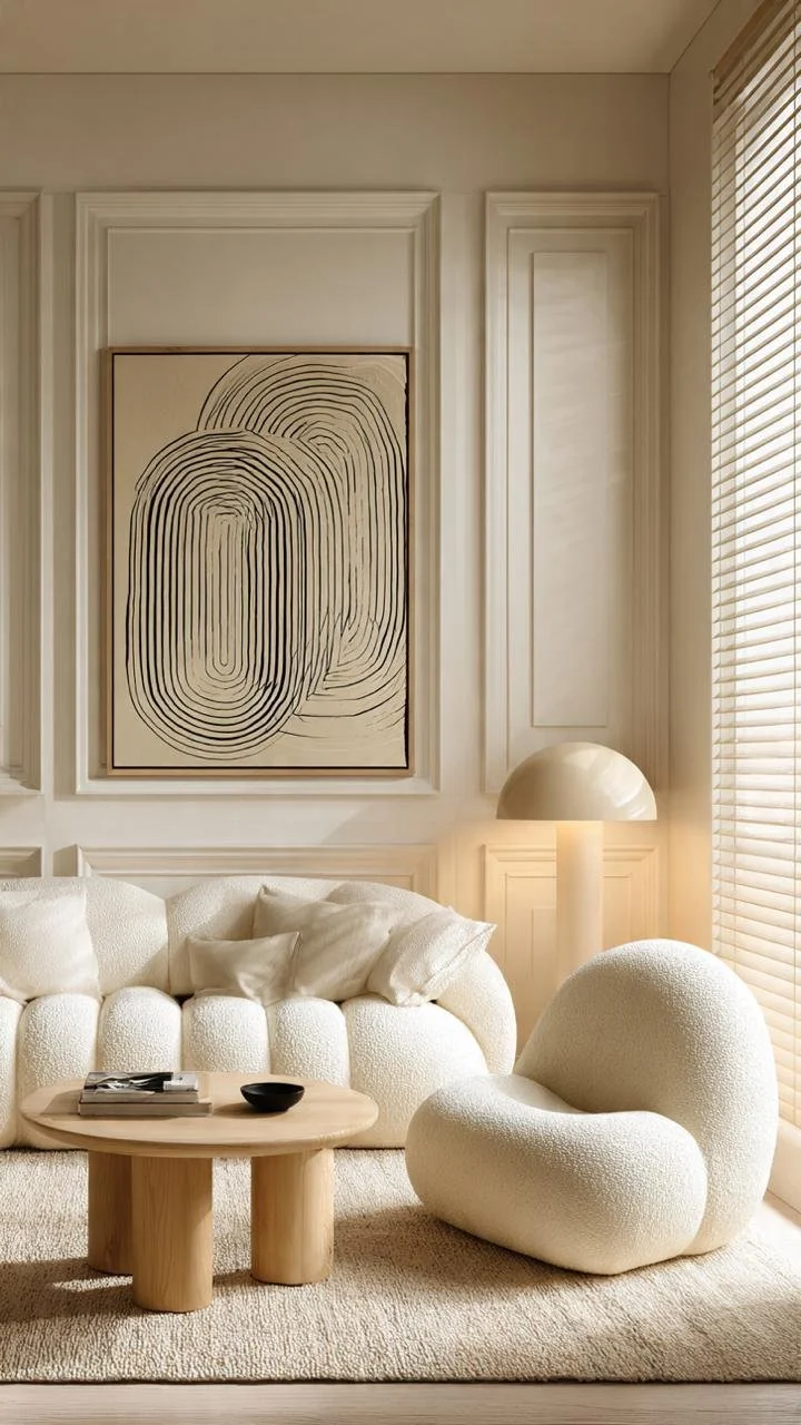 The Organic Japandi Sanctuary: How to Balance Cream Boiserie, Monolithic Travertine, and Ivory Bouclé