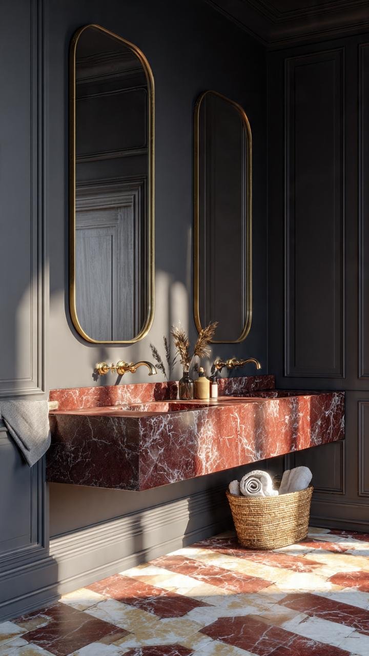 4 Design Secrets Behind the Dramatic Burgundy Marble Bathroom Trend