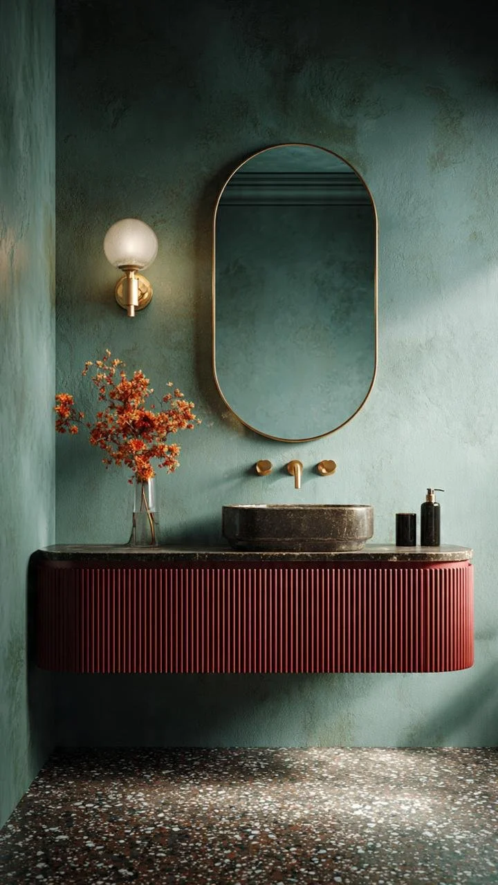 Boutique Hotel Bathroom Inspiration with Green Walls and Burgundy Furniture