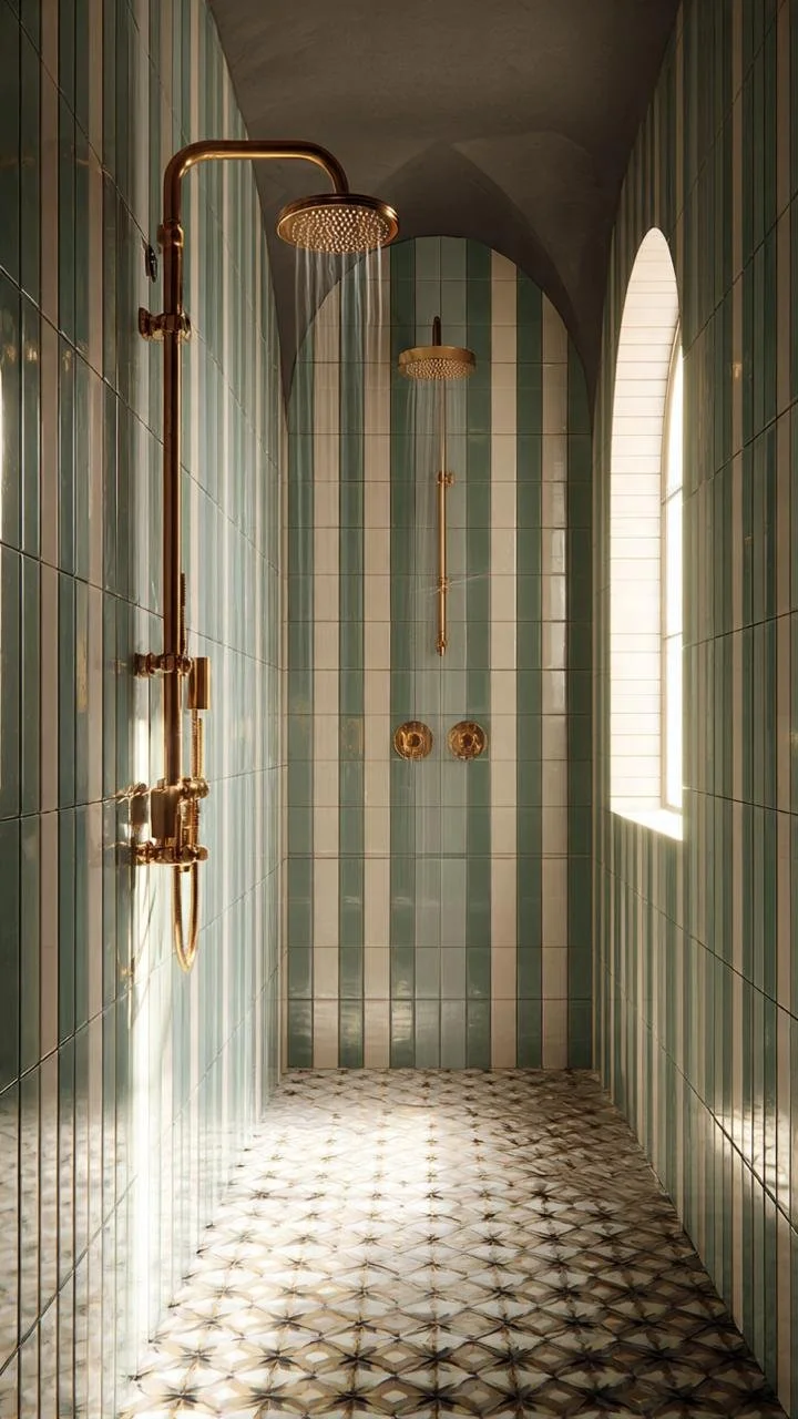 Green Striped Shower Rooms: Timeless Sophistication Inspired by Natural Light and Classic Architecture
