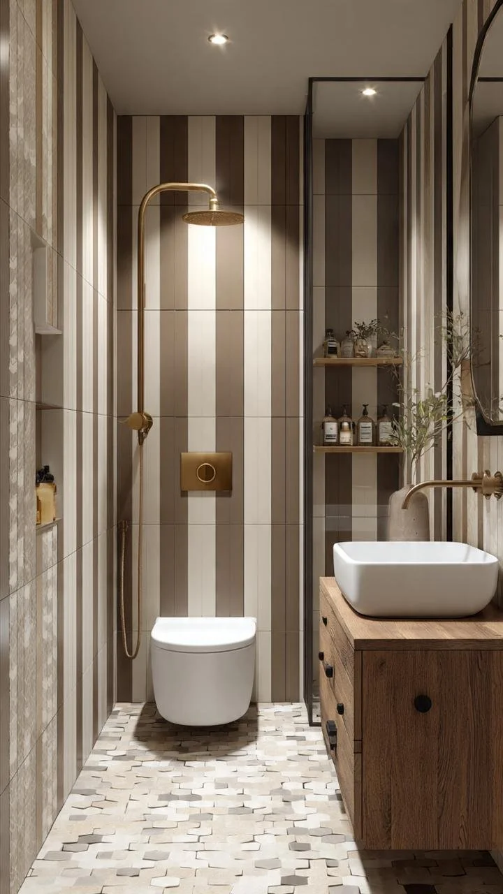 Brown Striped Bathrooms: Warm Minimalism with Timeless Architectural Character