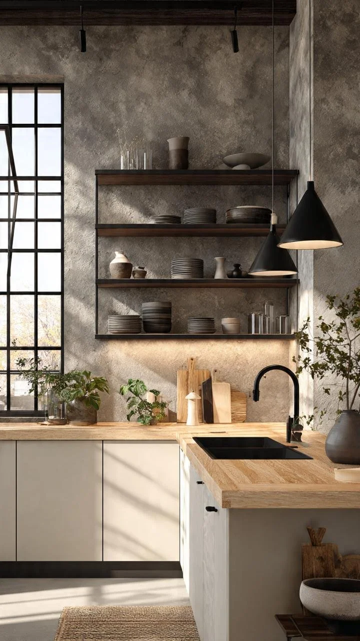 Industrial Kitchens with Open Shelving: Where Raw Materials Meet Timeless Functionality