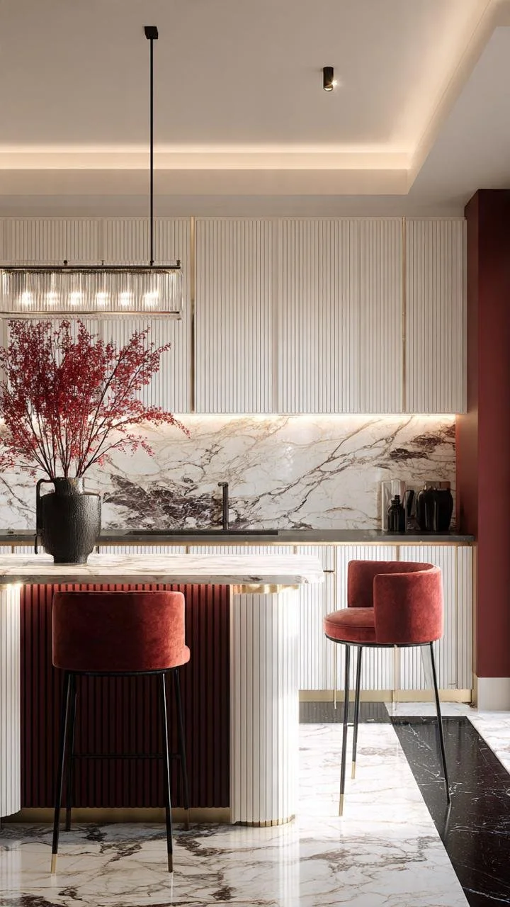 Luxury Marble Kitchens with Burgundy Accents: Where Art, Elegance, and Contemporary Living Meet