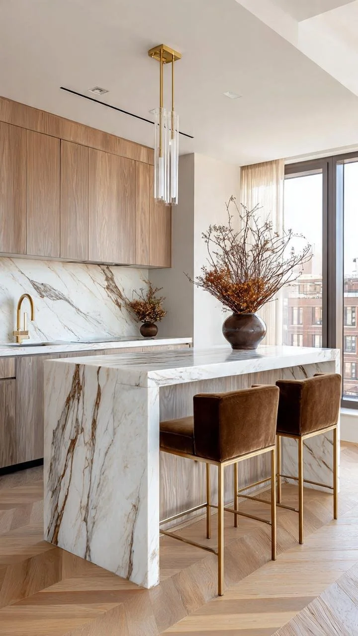 Timeless Marble Kitchen Island Designs with Warm Wood Tones and Contemporary Luxury