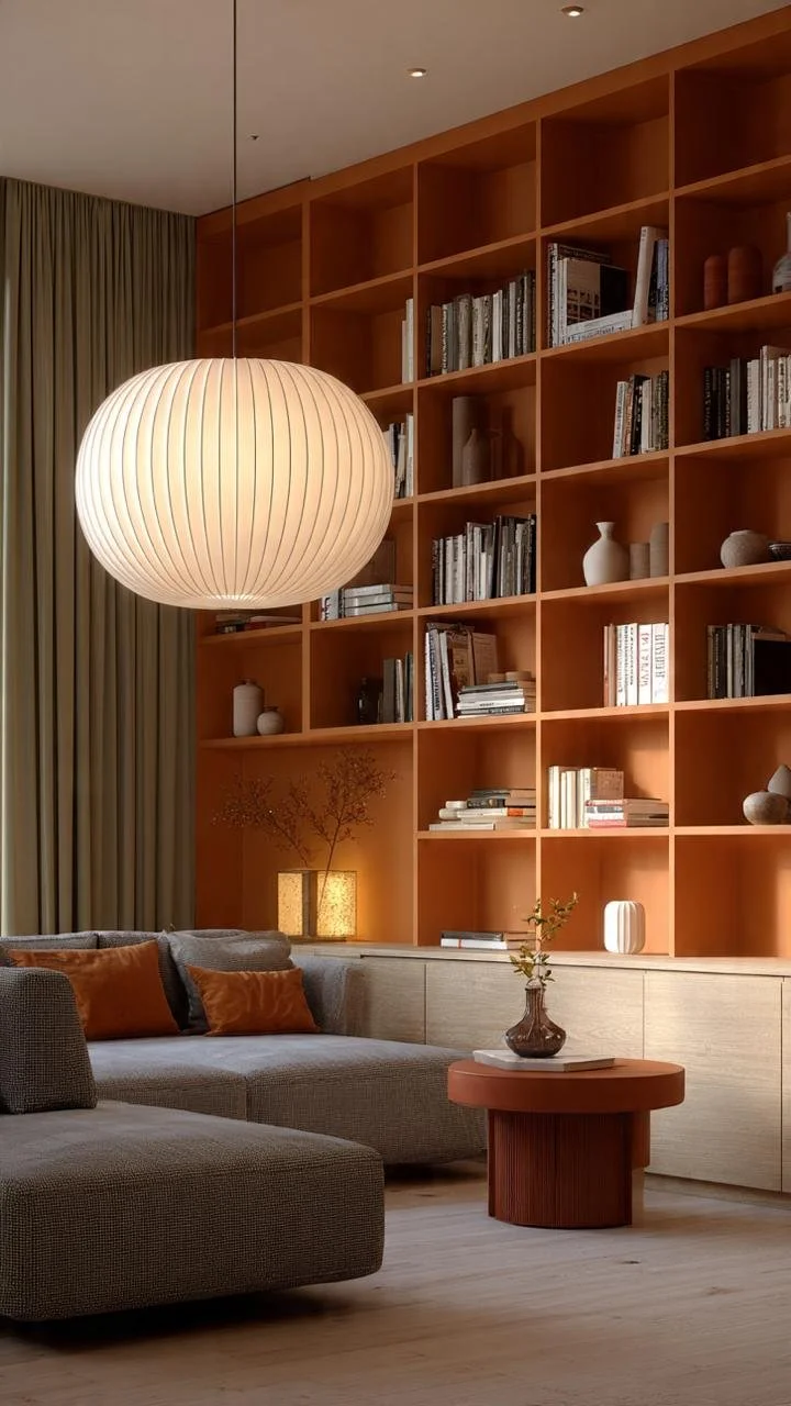 Orange Library Living Rooms: Warm Modern Design with Built-In Bookshelves and Timeless Character