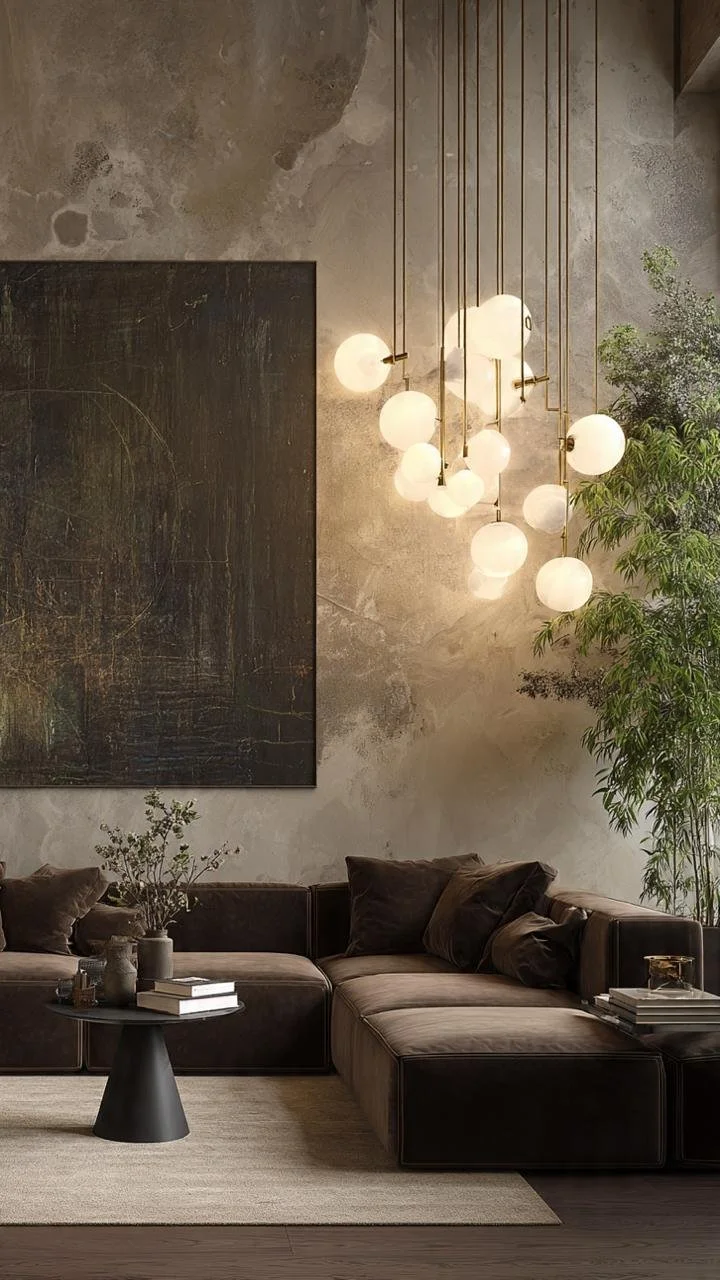 Moody Luxury Living Rooms: The Art of Creating Dramatic Interiors with Sculptural Lighting and Rich Textures
