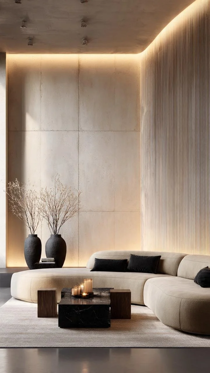 Warm Minimalism: Creating a Luxurious Living Room with Indirect Lighting and Organic Elegance