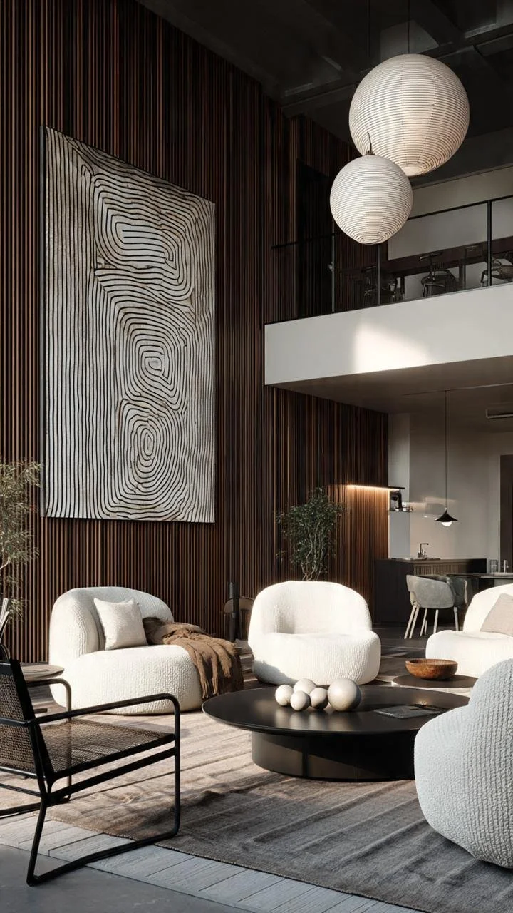 Modern Luxury Living Rooms: Double-Height Spaces, Sculptural Lighting, and Timeless Elegance