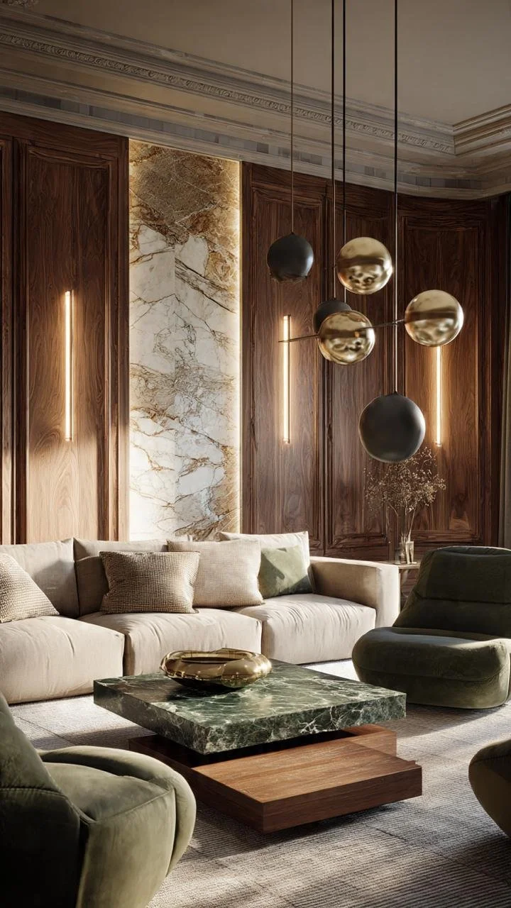 Luxury Living Room Design with Marble, Walnut Walls and Statement Pendant Lighting