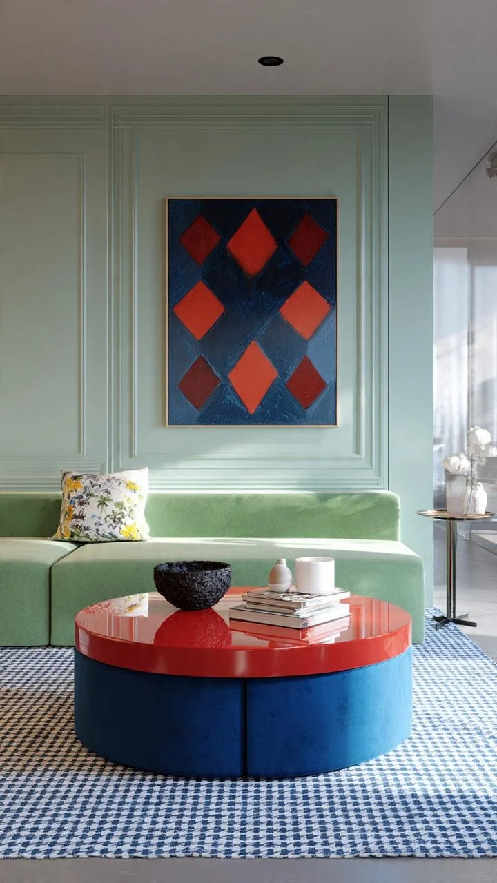Rounded sage green bouclé couch in a room with neo-classical sage paneled walls.