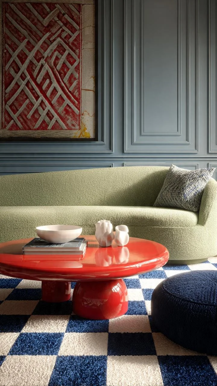 Curved mint green sofa with a high-gloss cherry red lacquer coffee table.