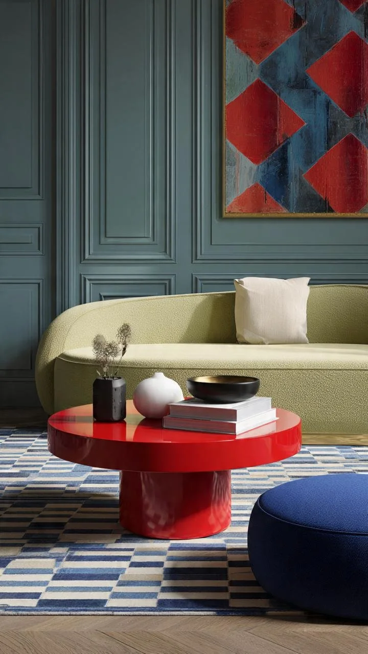 Italian postmodern organic green sofa in a formal paneled room with abstract art.