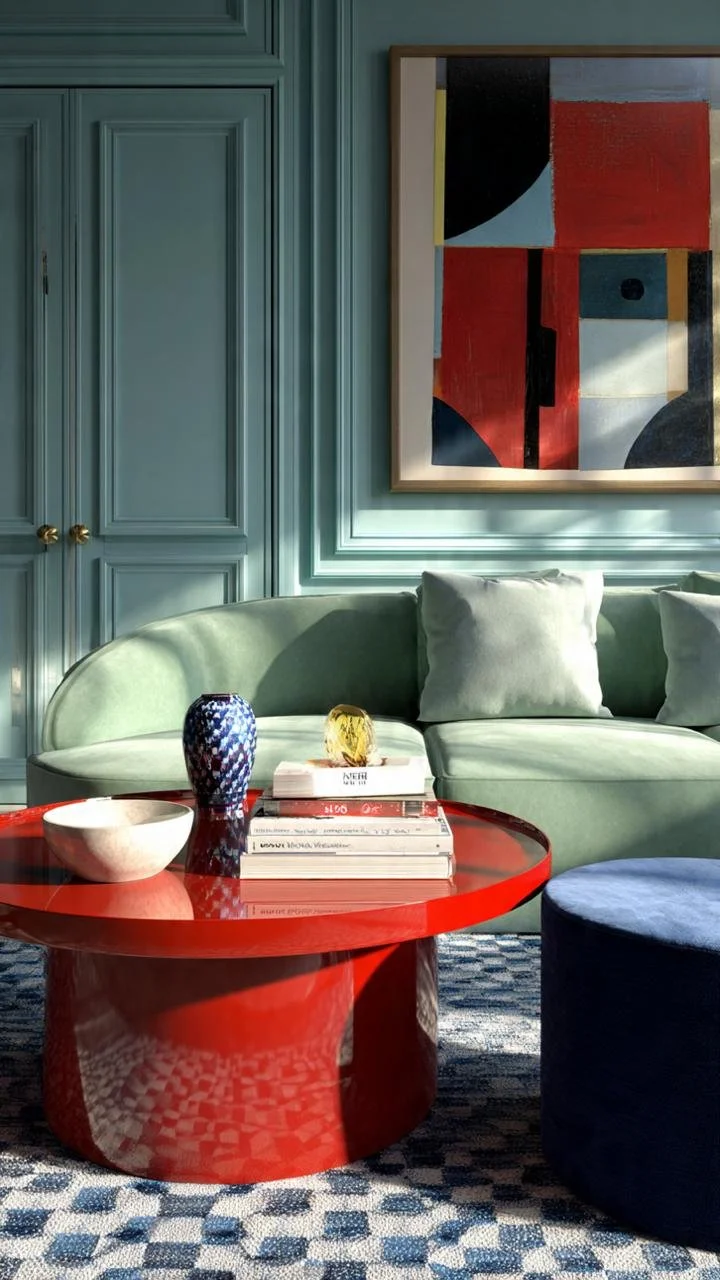  Chunky cylindrical red lacquer coffee table surrounded by a low-profile green seating arrangement.