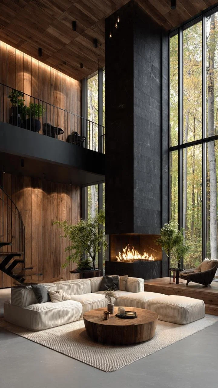 Elegant Modern Lounge with Statement Black Fireplace Design of Punta del Este, Uruguay.