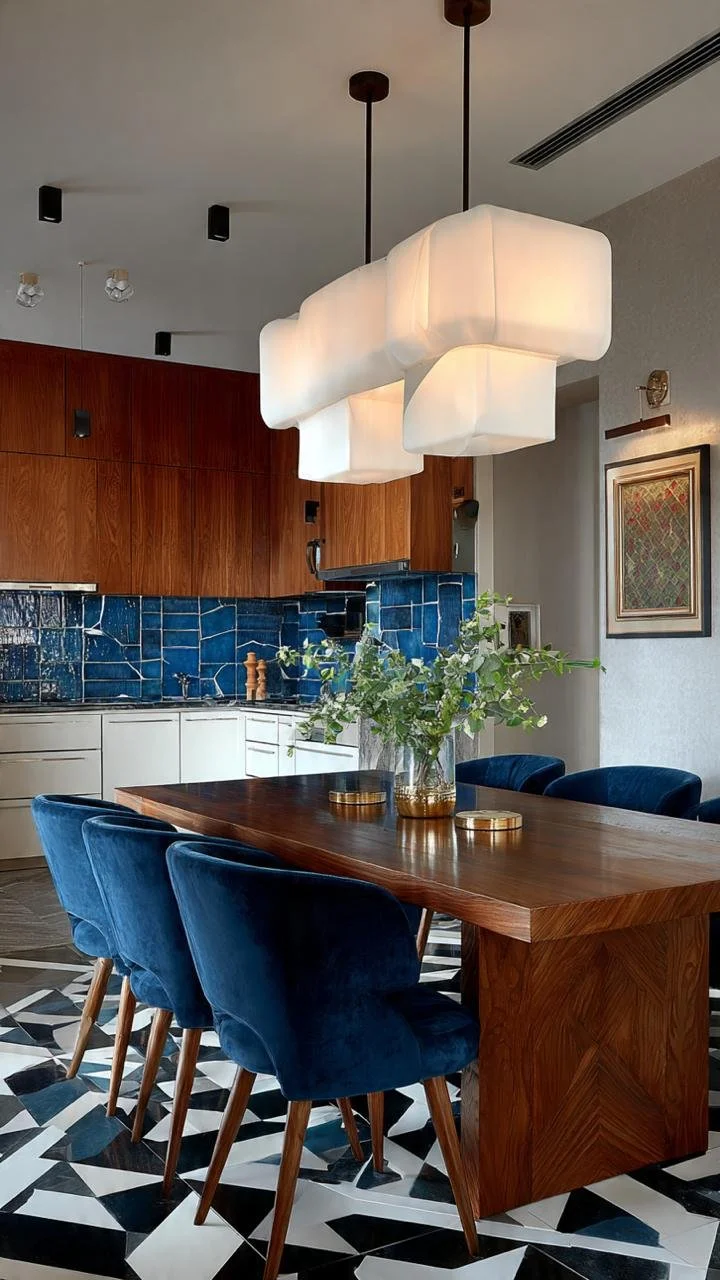 Blue Velvet &amp; Warm Wood Dining Rooms: Modern Elegance with Timeless Sophistication