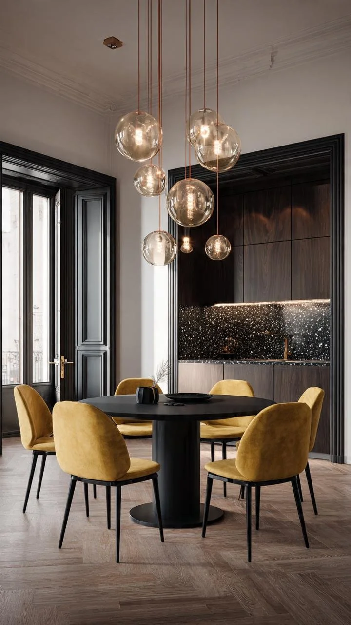 Modern Dining Room with Black Accents, Mustard Chairs, and Glass Pendant Lights