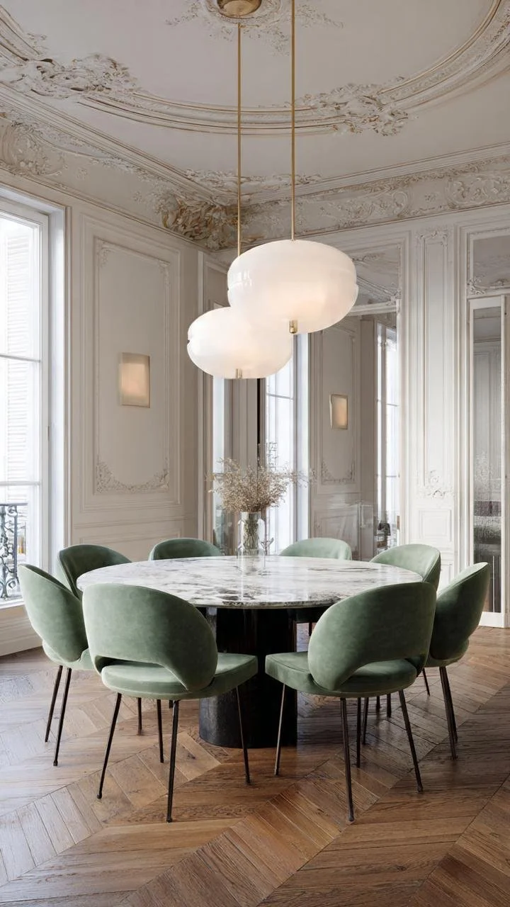 Classic Parisian Dining Room with Black Marble Table and Emerald Velvet Chairs