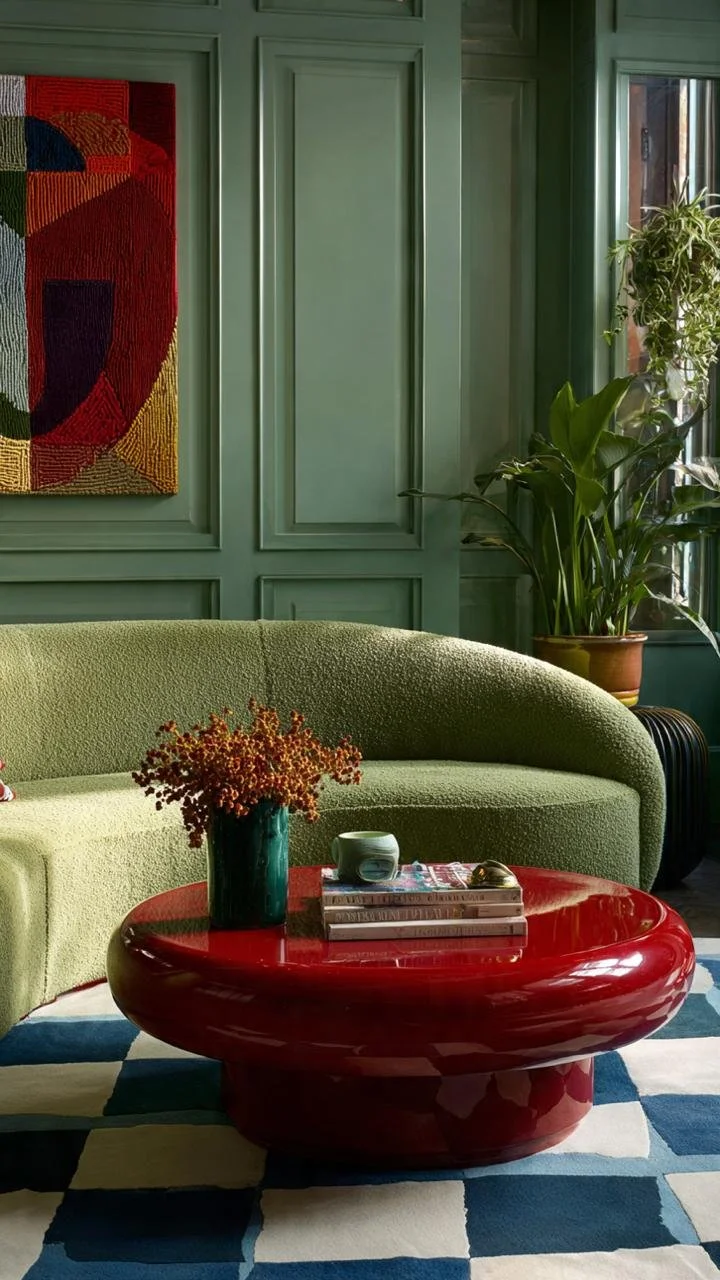  Deep olive green curved sofa next to a bright red cocktail table in a luxury lounge.