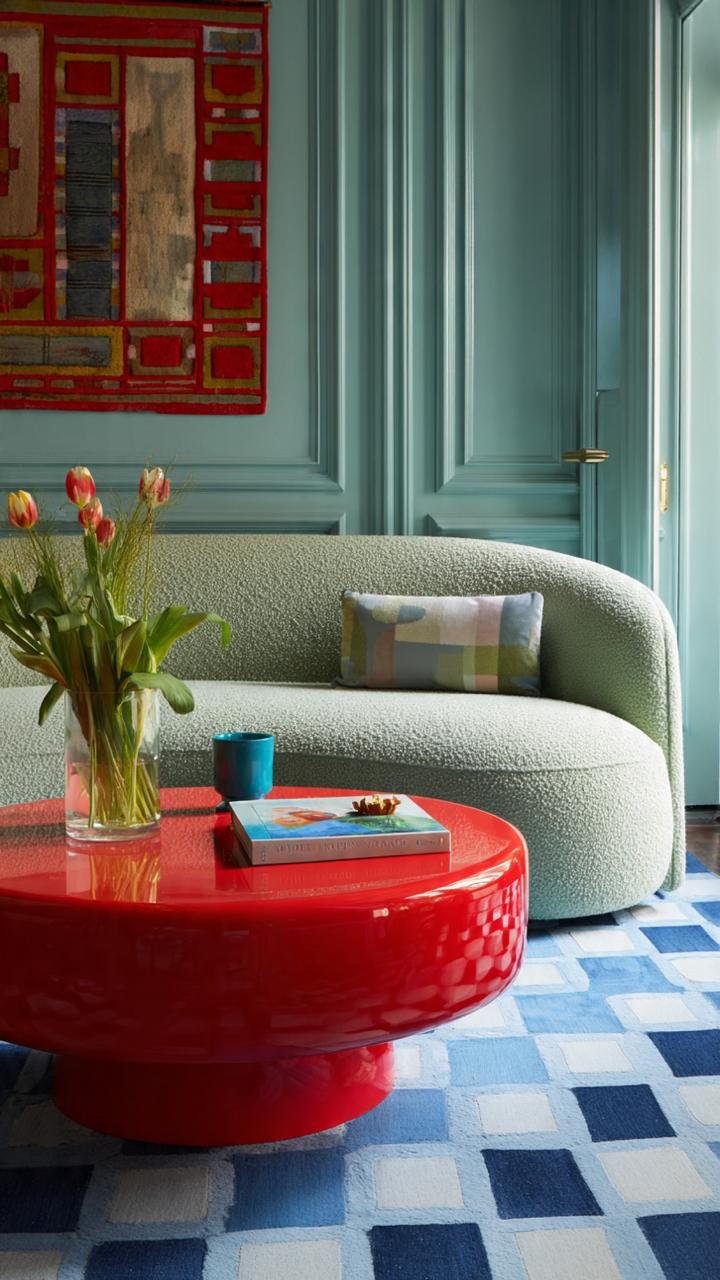 Curved celadon green sofa with primary color abstract geometric artwork on a paneled wall.