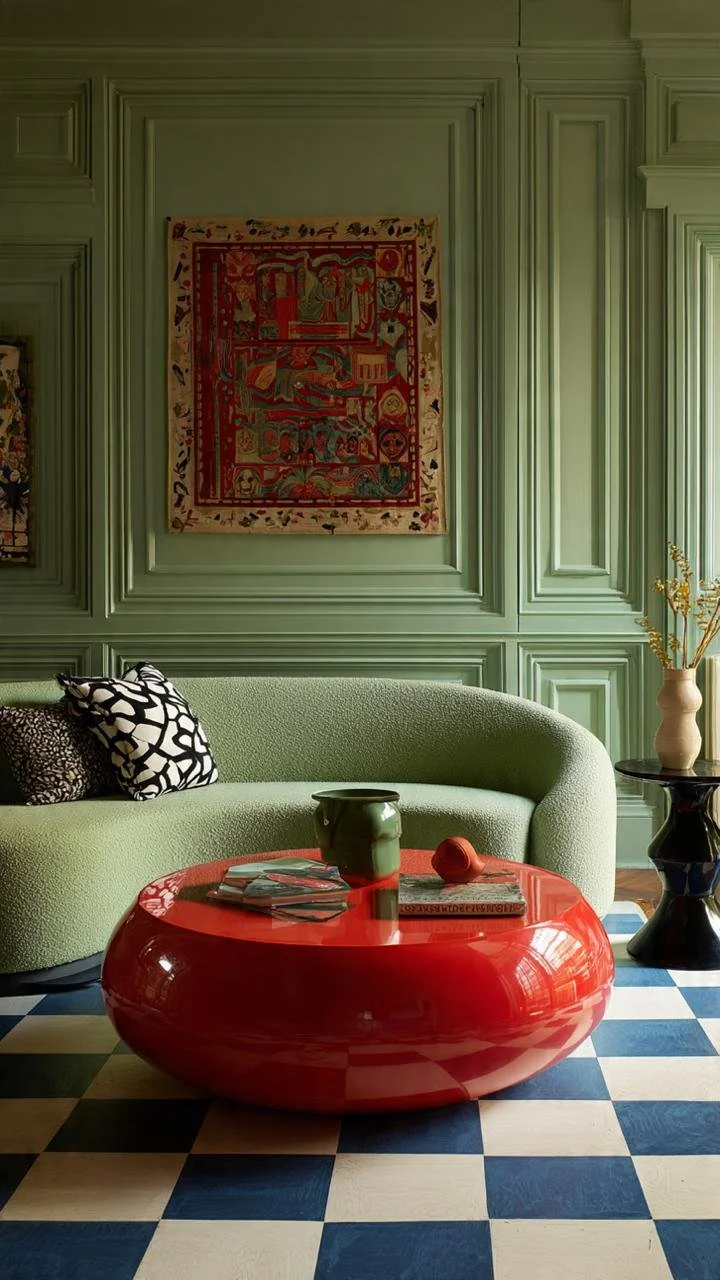 Low-profile sage green sectional sofa blending into matching painted wall moldings.