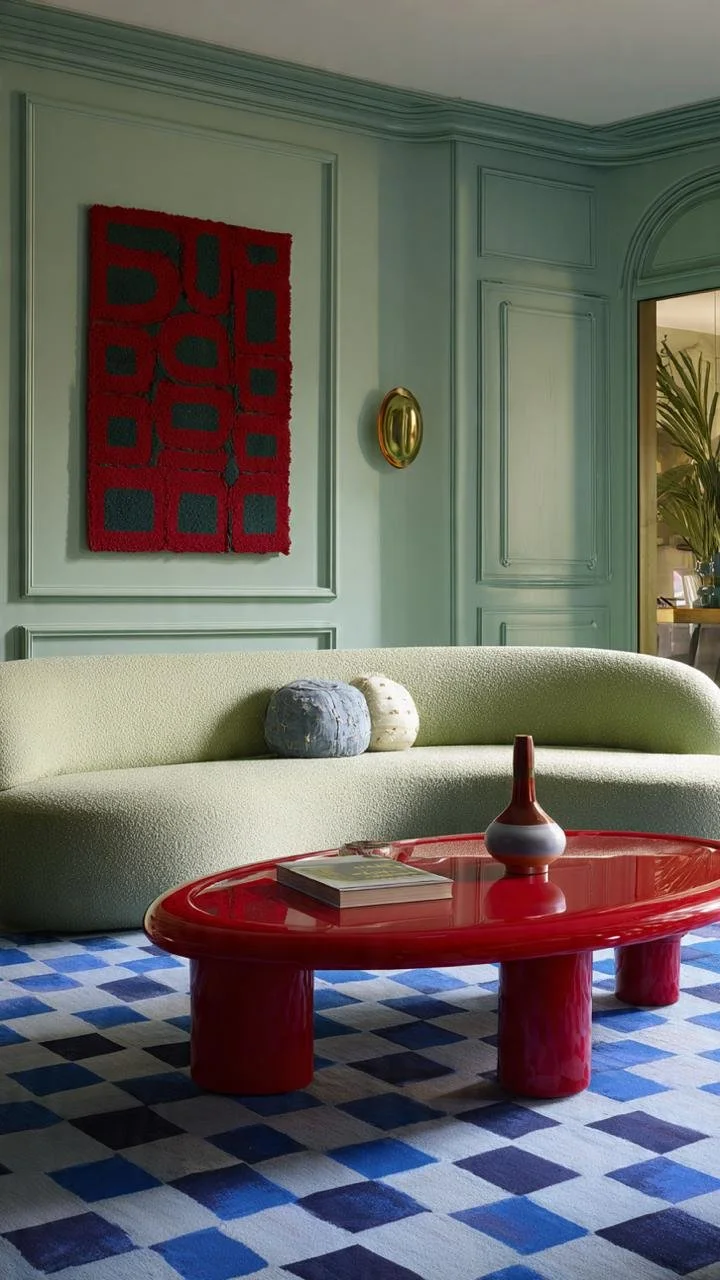 Fluid green velvet couch on a blue and white checkerboard pattern floor.
