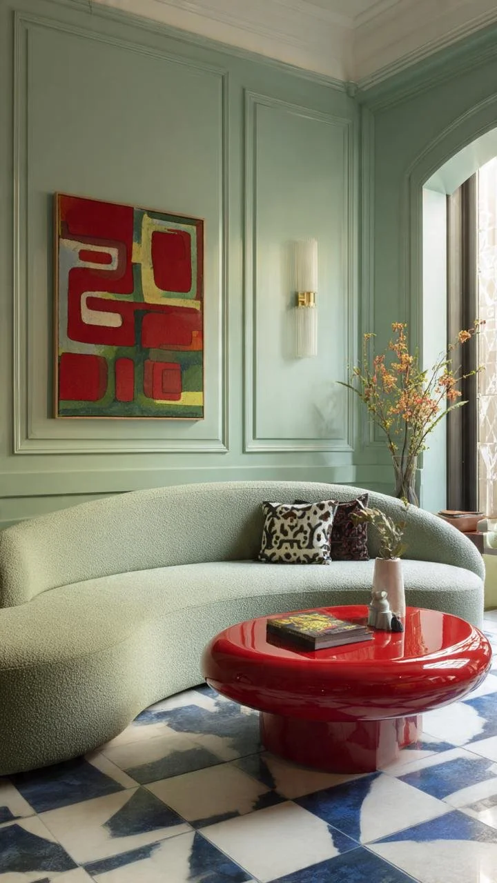 Asymmetric light green lounge sofa flanked by lush indoor plants and avant-garde pottery.