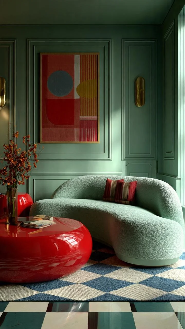  Rich olive green curved sofa beneath layered abstract red and yellow art pieces.