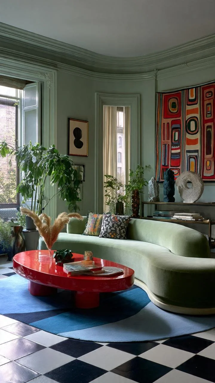  Rounded mint green couch with a high-gloss red table displaying geometric clay sculptures.