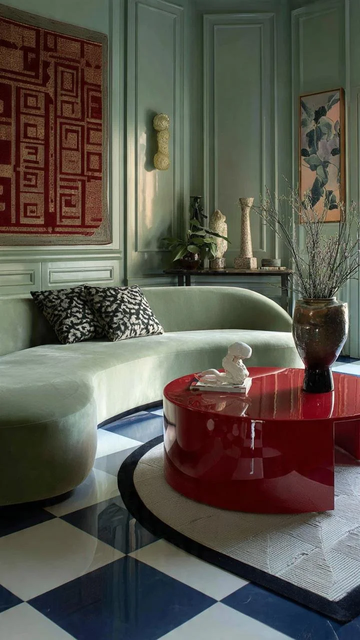 Long serpentine green velvet sofa near a window in a luxury eclectic living room.