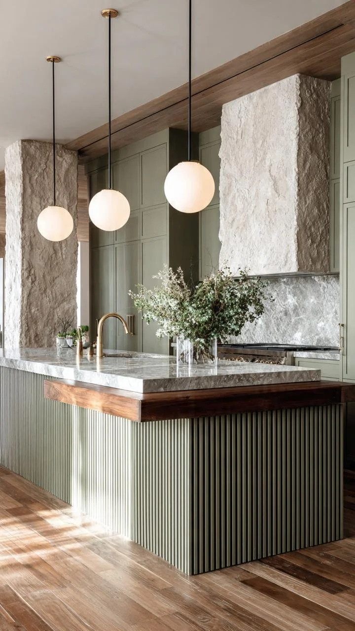 30 Luxury green Alpi Marble Kitchen Ideas with Warm Wood &amp; Organic Modern Design