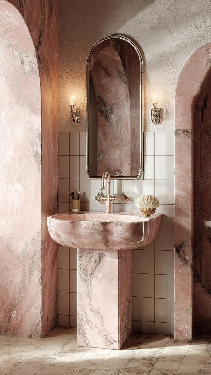 Pink Onyx Bathroom Inspiration: The Revival of Sculptural Pedestal Sinks
