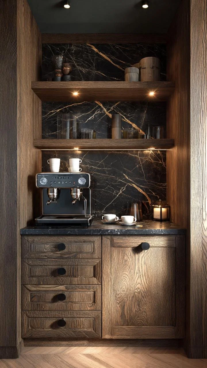 15 Luxury Coffee Bar Cabinet Ideas with Marquina Marble and Warm Wood