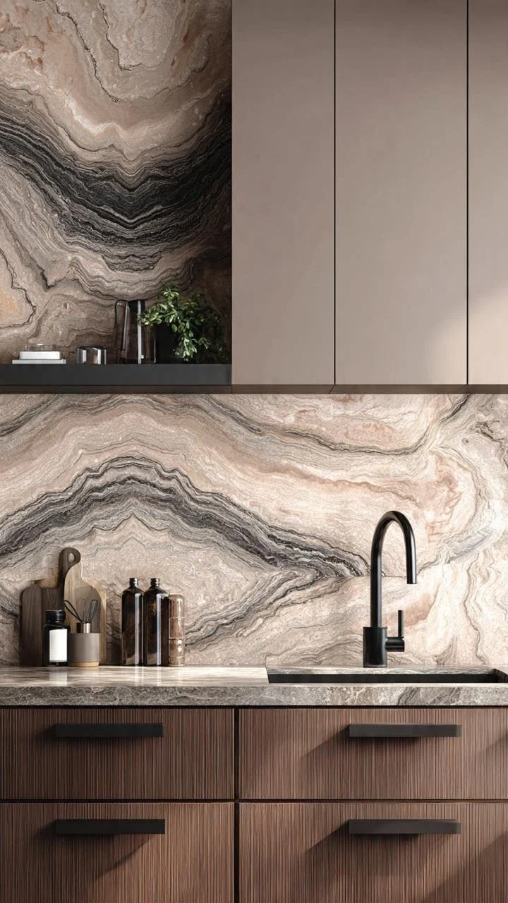 15 Stunning Cipollino Marble Kitchen Ideas with Warm Wood Cabinets for a Luxury Modern Home