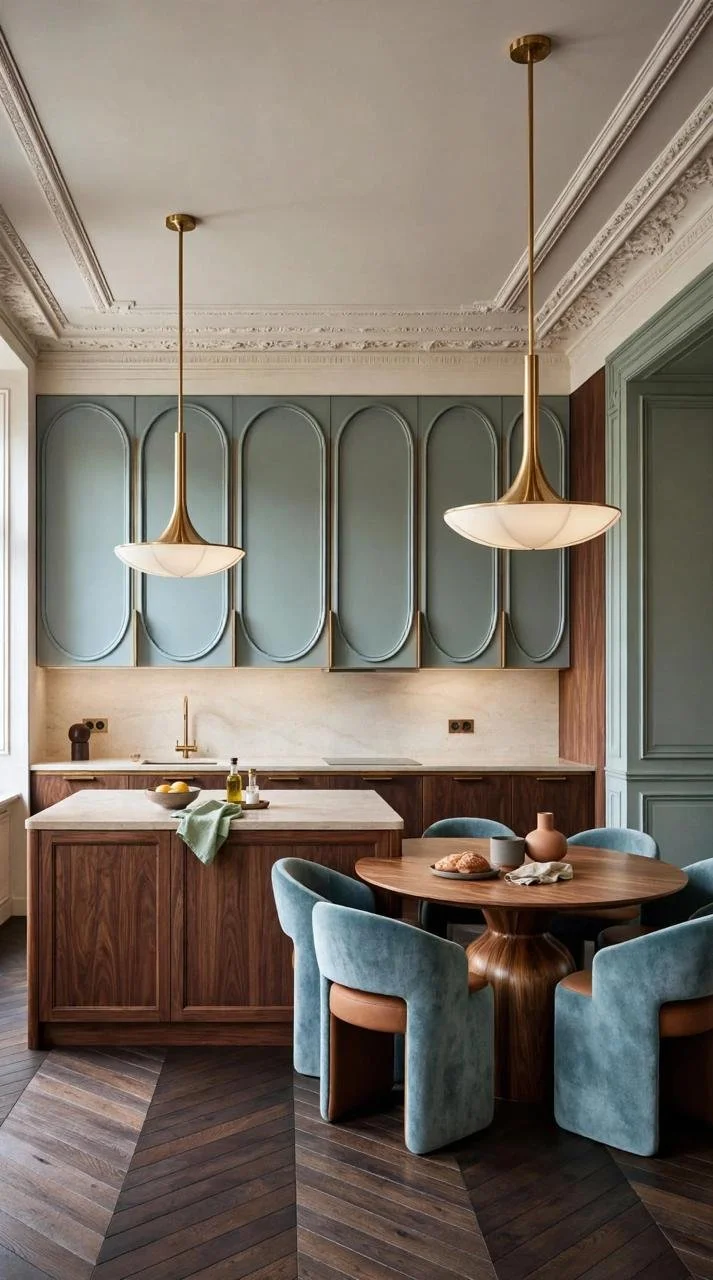 "Sage Green and Dark Wood: The Parisian Kitchen-Dining Room Reimagined"