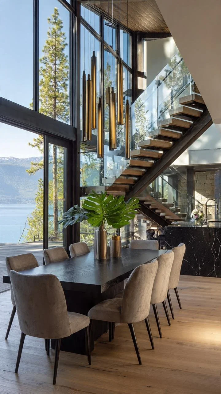 "Double-Height Dining Rooms: Modern Design with a Mountain View"
