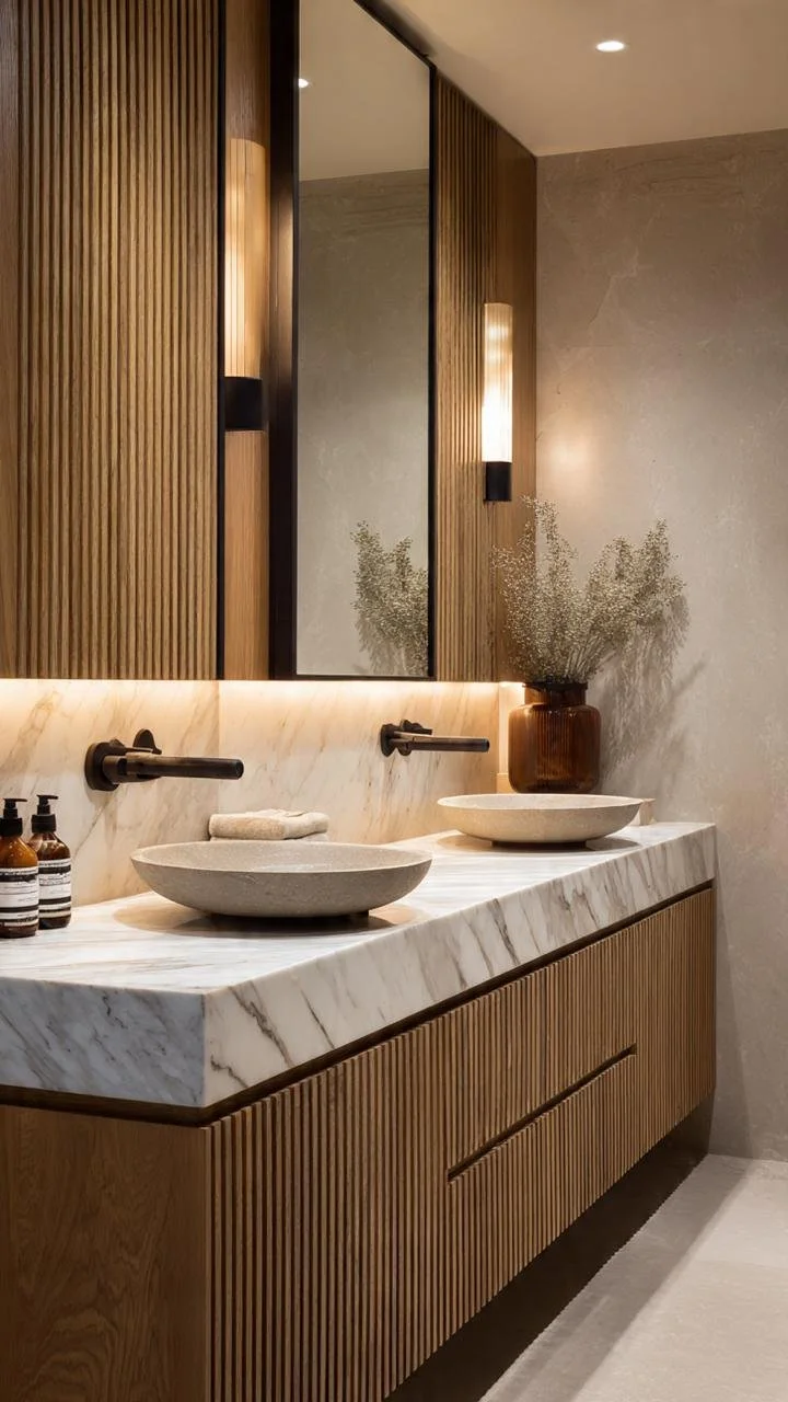 "The Wood Detail Hiding Behind Every 'Effortlessly Luxurious' Marble Bathroom"