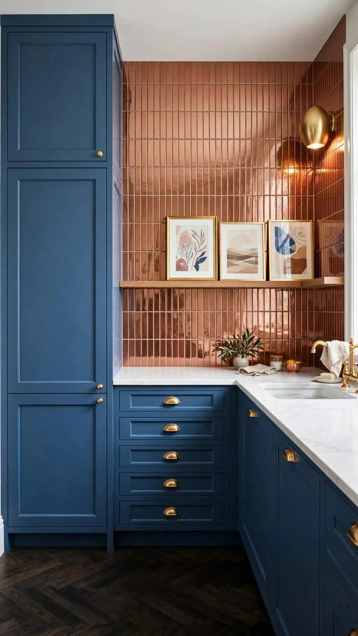 The Copper Trick Kitchen Designers Have Been Hiding:Why Pairing Navy Blue Cabinets with Hammered Metal Is the Detail Everyone's About to Copy