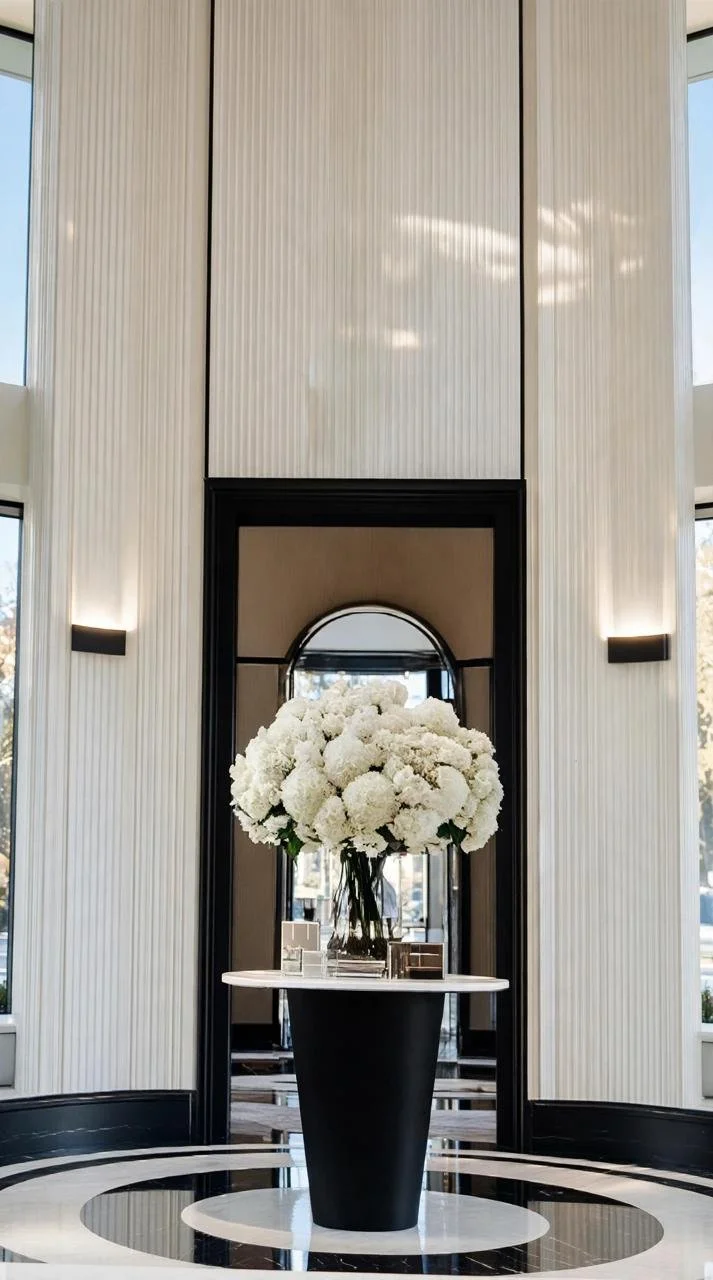 The One Piece of Furniture Hotel Lobbies Never Skip: Why a Single Black Pedestal Table Is the Real Reason This Foyer Feels So Grand