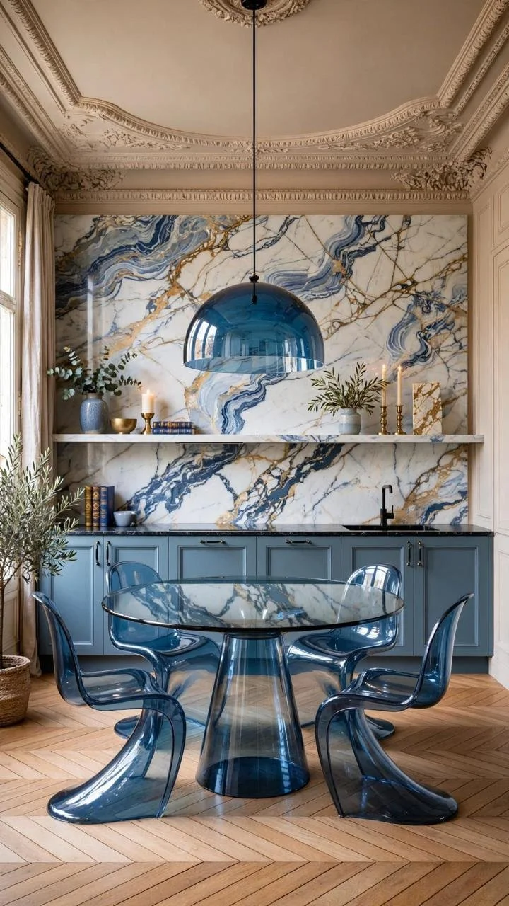 The Color Rule Parisian Decorators Break on Purpose: Why Cobalt Blue Marble and Cherry-Red Chairs Look Right Inside a Room Full of Antique Moldings