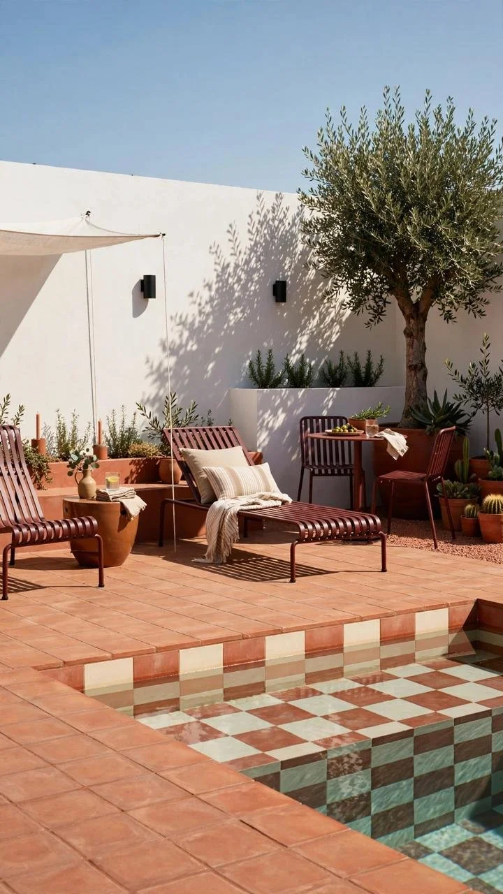 One Chair Color, Every Rooftop: Why These Wine-Red Metal Loungers Keep Showing Up Beside the Same Checkerboard Pool