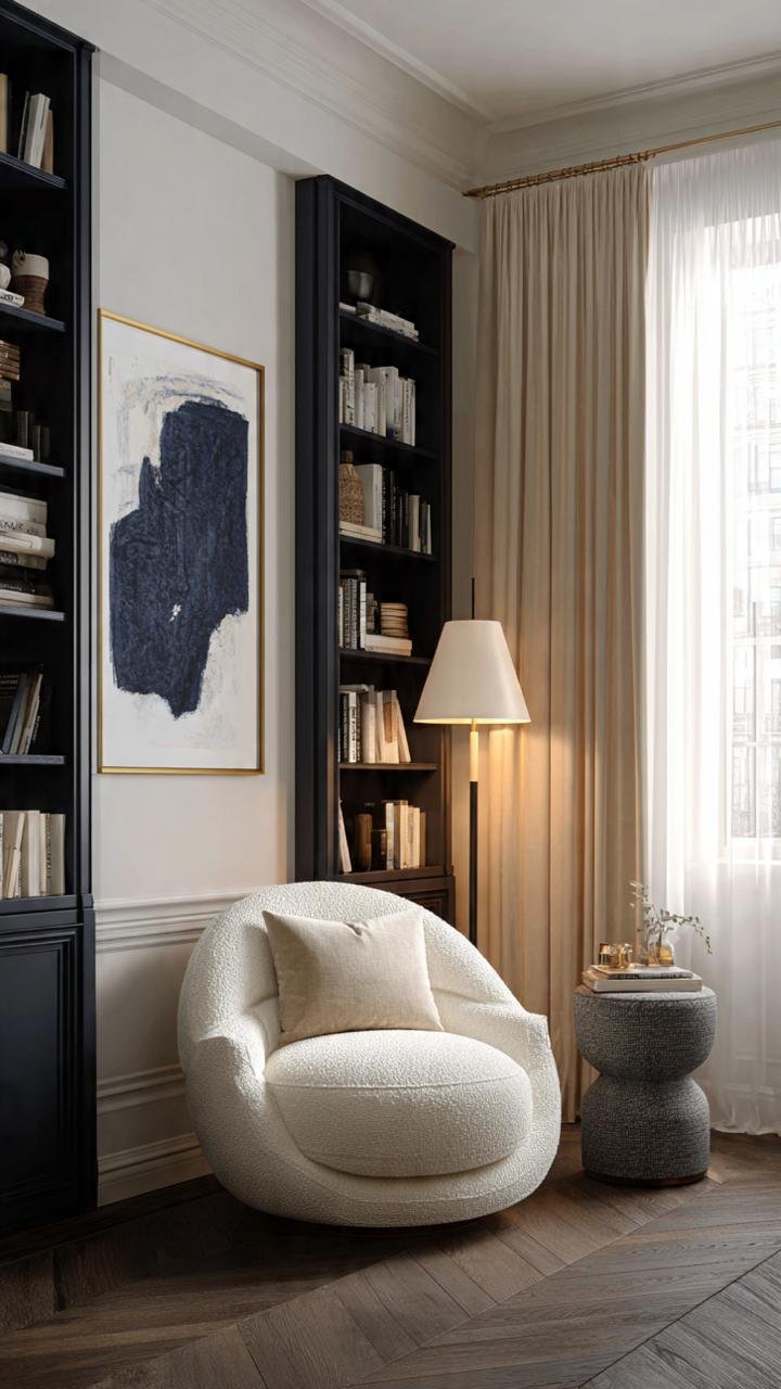 Black Bookshelf, White Chair: The Contrast Rule Behind Every Reading Corner You Actually Want to Sit In