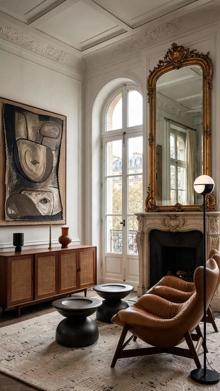 Mid-Century Leather Meets 19th-Century Paris: The Furniture Clash Defining This Entire Room